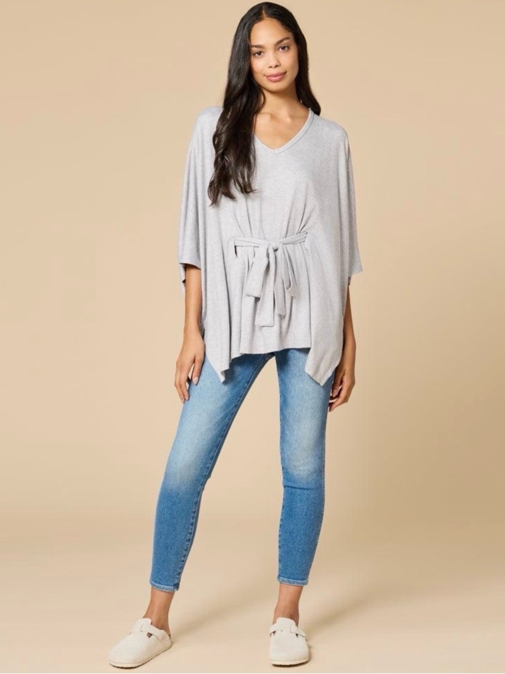 Ultra-Dream Belted Shawl Light Gray V-Neck Tie-Front Poncho Sweater OS $119 MSRP